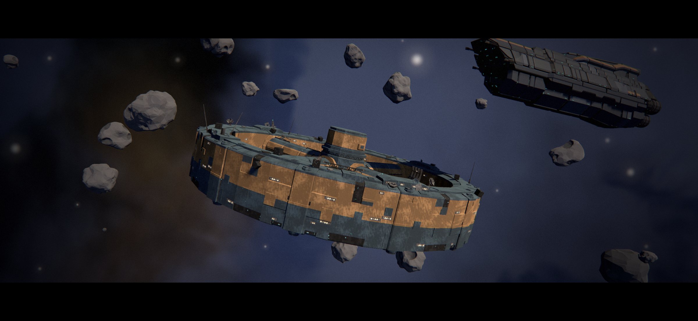 The science station and the warship parked outside