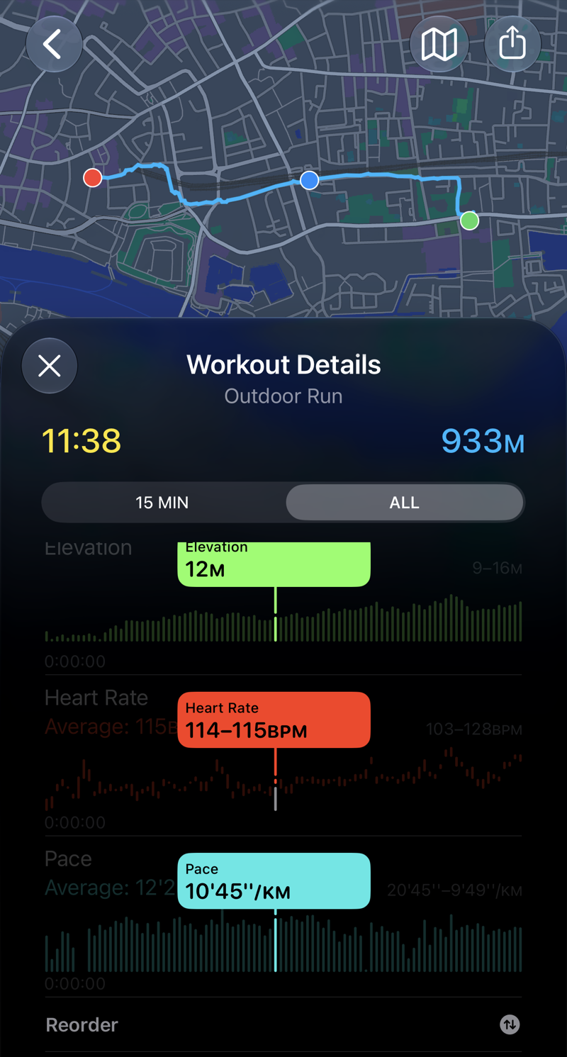 The Workout Details sheet in the Fitness app, scrubbed to one point of the run: elevation 12 m, heart rate 114 to 115 BPM, pace 10'45'' per kilometre