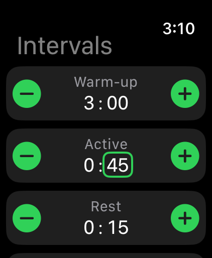 Intervals setup: warm-up, active and rest