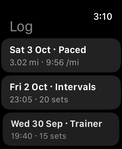 Log: Sat 3 Oct Paced, 3.02 mi at 9:56 per mile; Fri 2 Oct Intervals, 23:05, 20 sets; Wed 30 Sep Trainer, 19:40, 15 sets