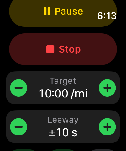 The controls page in a Paced run with Pause, Stop, a Target 10:00 per mile row and a Leeway ±10 s row, each with minus and plus