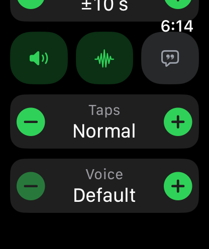 The controls page scrolled down: the beeps, haptics and voice buttons, then Taps Normal and Voice Default rows with minus and plus