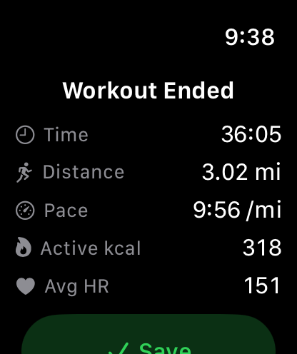 Workout Ended for a Paced run: Time 36:05, Distance 3.02 mi, Pace 9:56 per mile, Active kcal 318, Avg HR 151