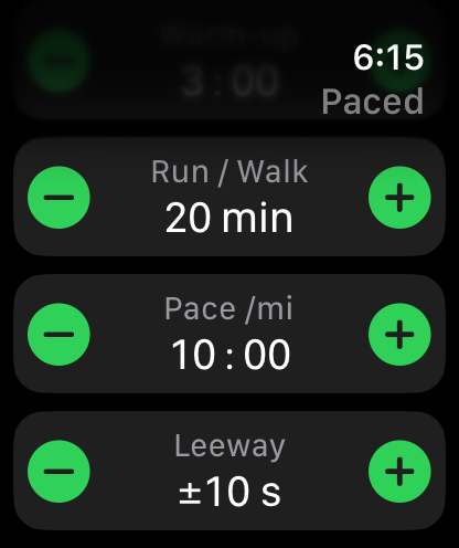 The Paced setup screen scrolled down: Run / Walk 20 min, Pace 10:00 per mile, Leeway ±10 s, each with minus and plus