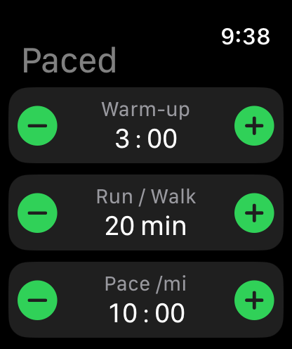 The Paced setup screen: Warm-up 3:00, Run / Walk 20 min, Pace 10:00 per mile