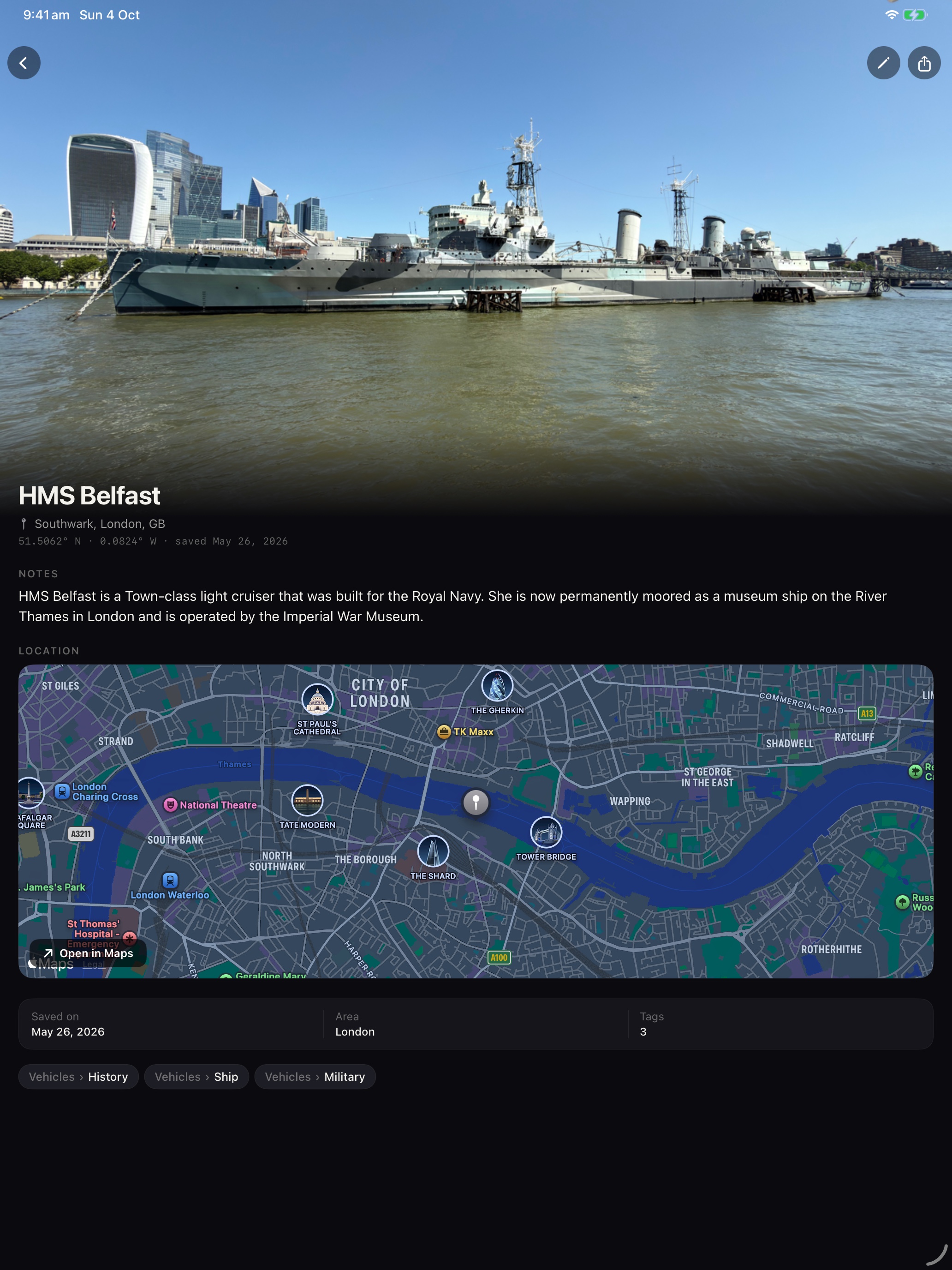 Spot detail on iPad: a full-width photo of HMS Belfast, notes, and a large map