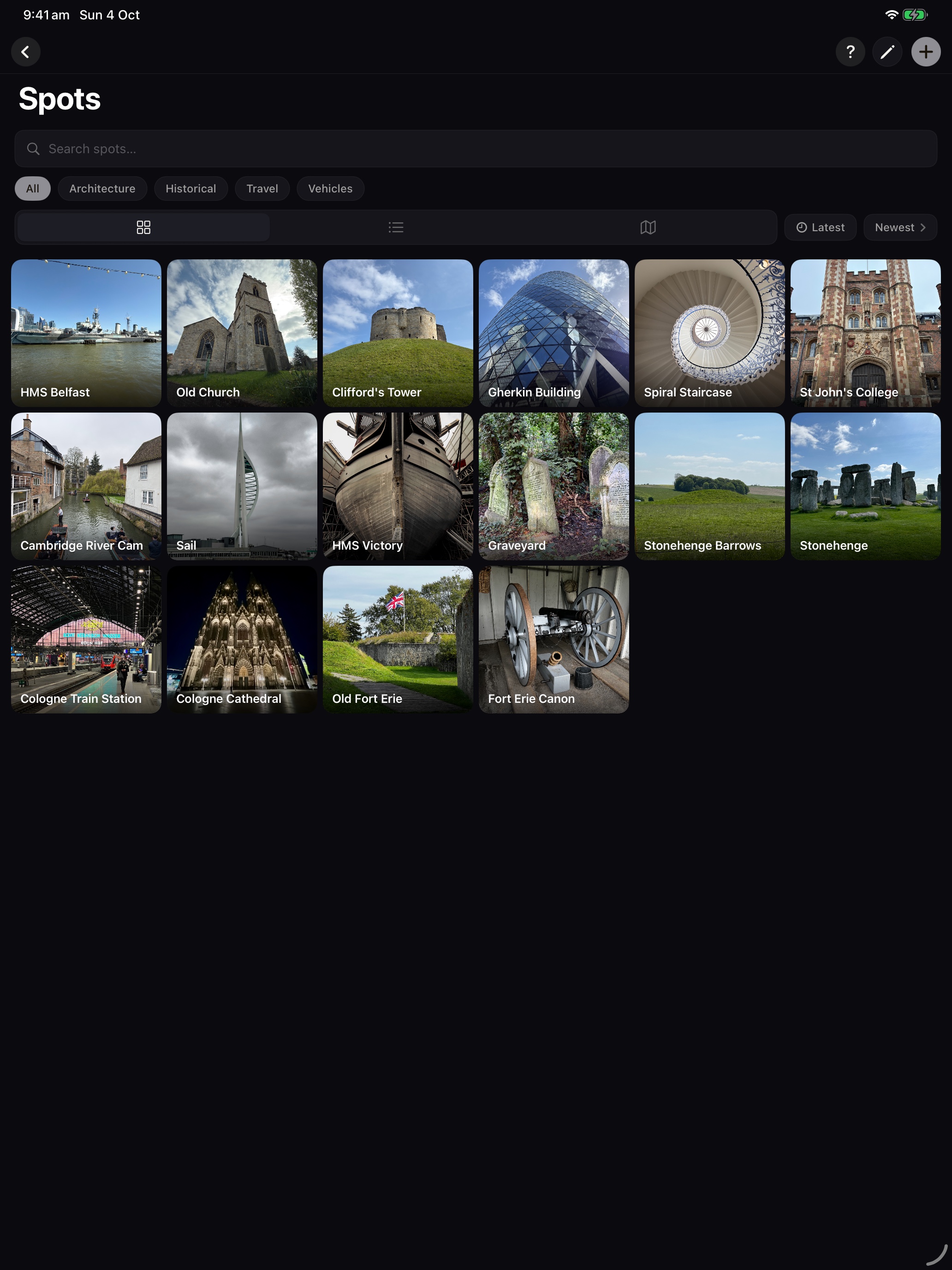 Spots grid on iPad with category filters and six photos per row